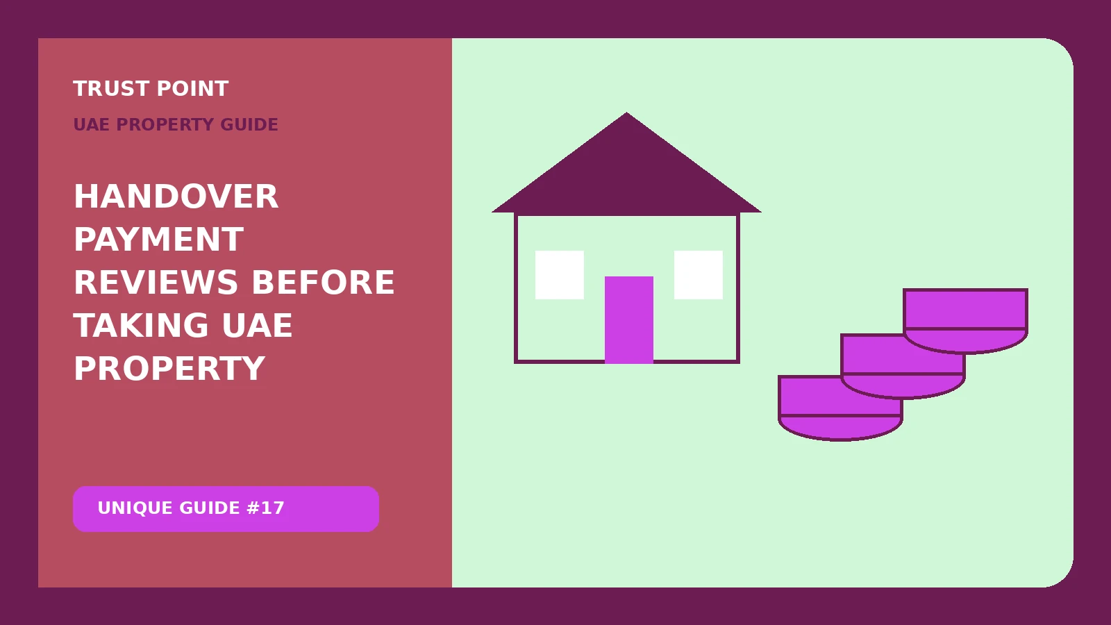 Custom editorial illustration for Handover Payment Reviews Before Taking UAE Property, showing property finance records