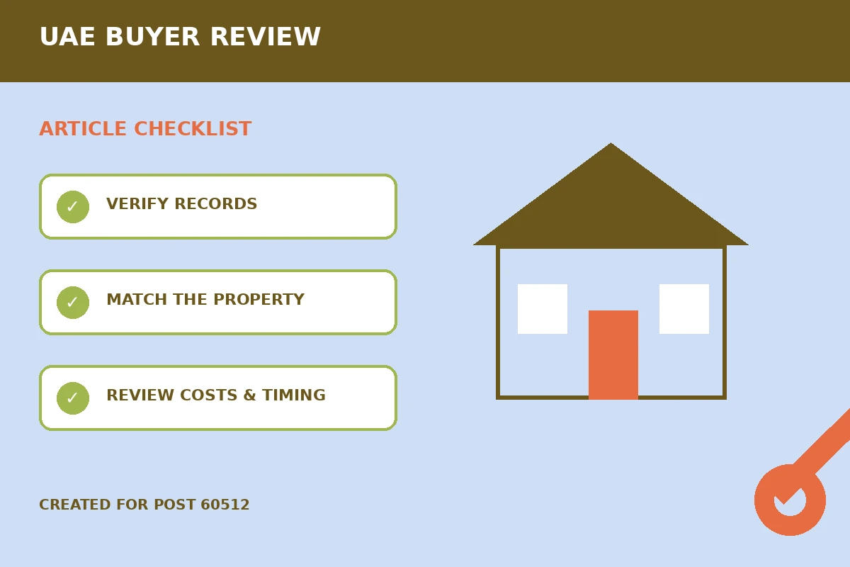 Custom editorial illustration for Joint Property Record Reviews Before Buying in the UAE, showing a home and buyer checklist