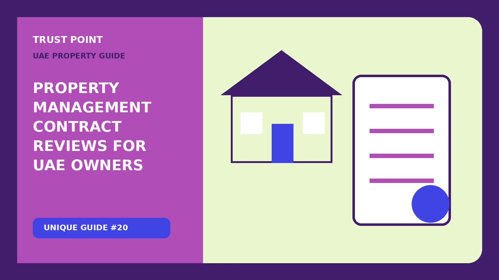 Custom editorial illustration for Property Management Contract Reviews for UAE Owners, showing a property document and verification checklist