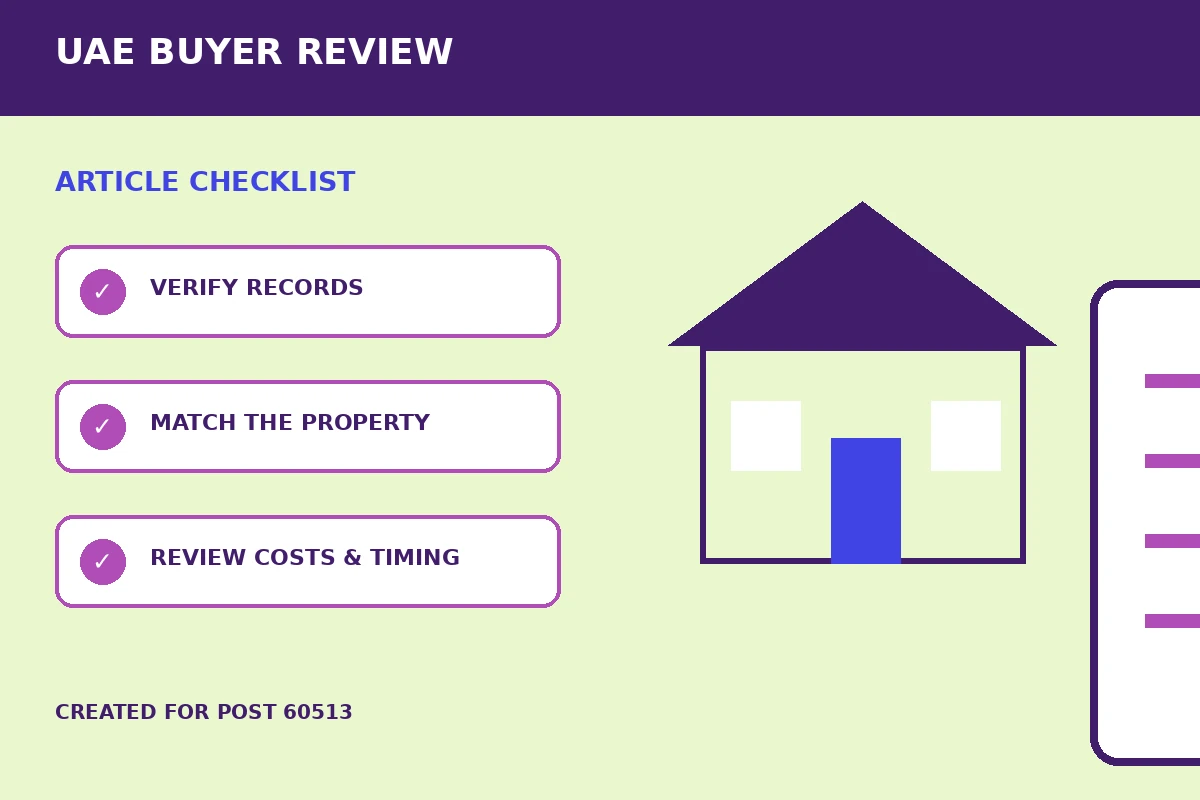 Custom editorial illustration for Property Management Contract Reviews for UAE Owners, showing a property document and verification checklist