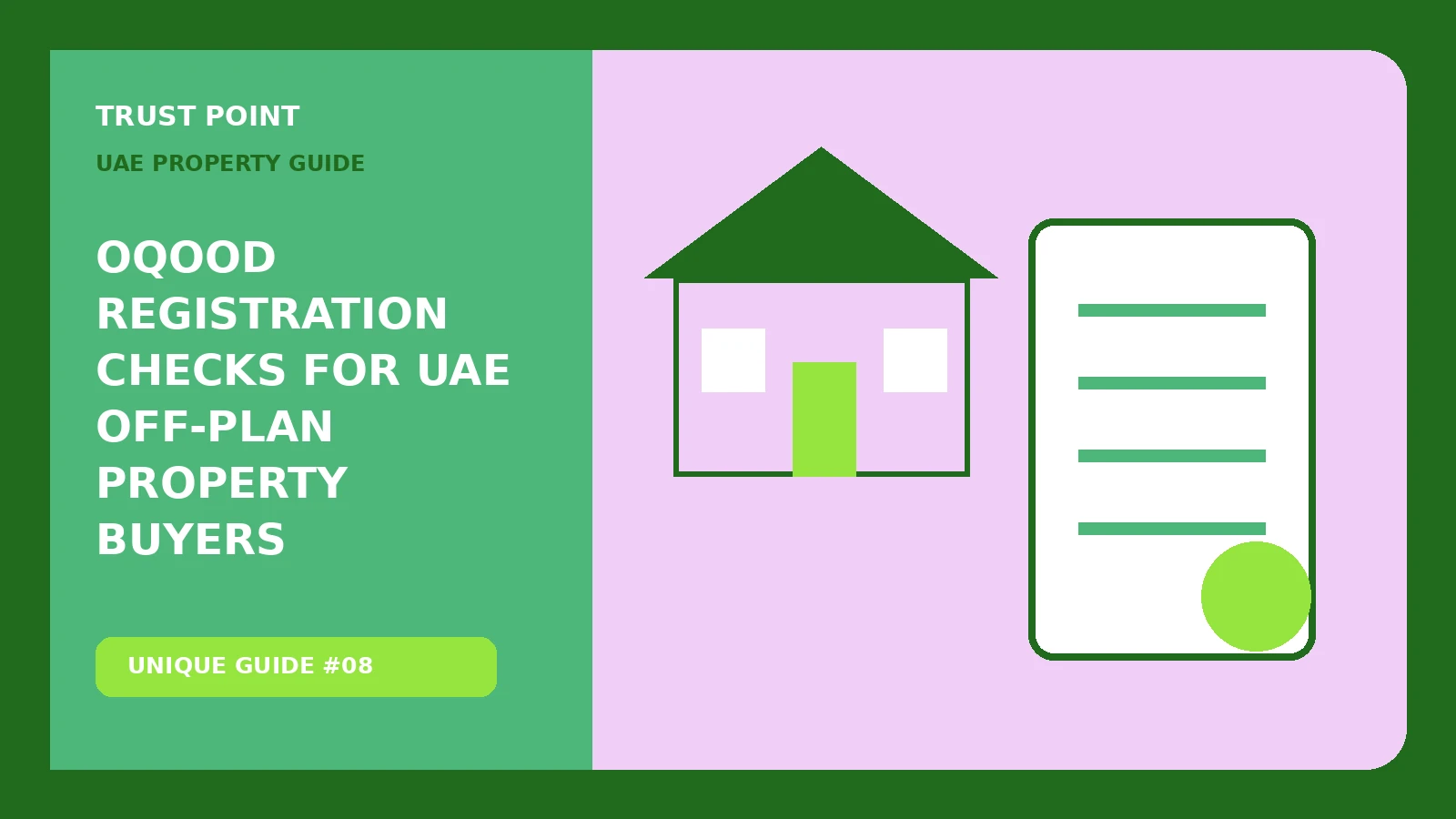 Custom editorial illustration for Oqood Registration Checks for UAE Off-Plan Property Buyers, showing a property document and verification checklist