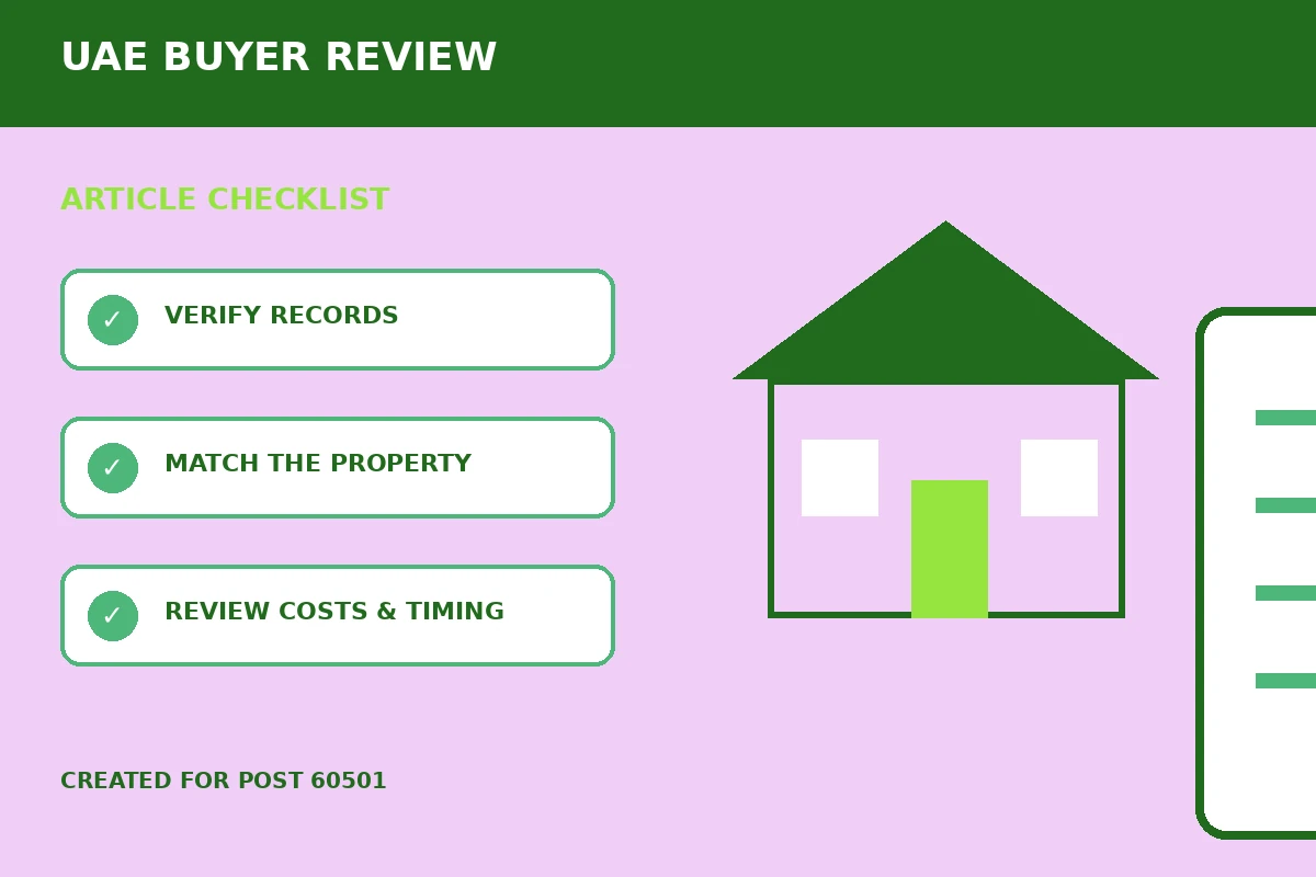 Custom editorial illustration for Oqood Registration Checks for UAE Off-Plan Property Buyers, showing a property document and verification checklist