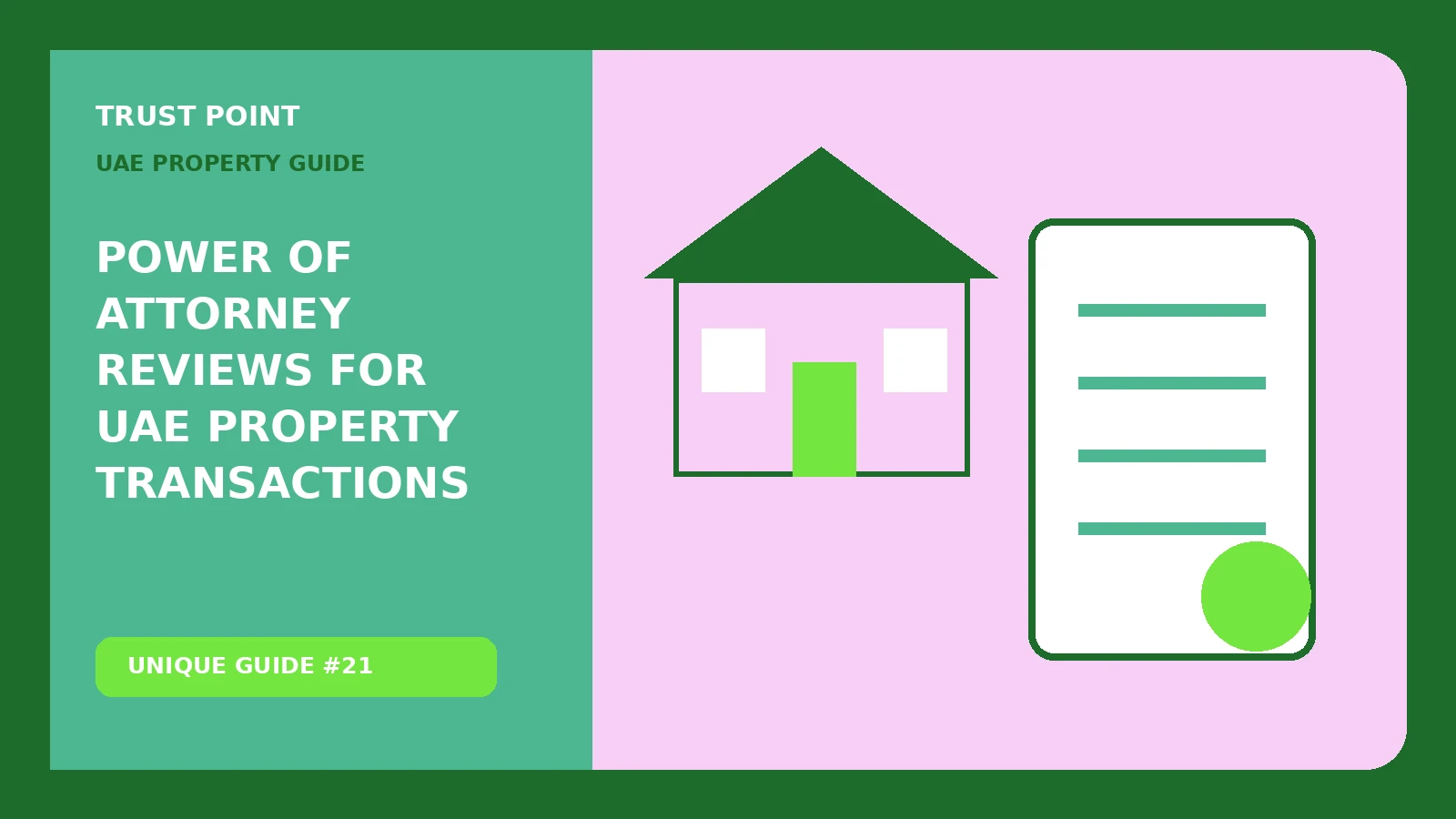Custom editorial illustration for Power of Attorney Reviews for UAE Property Transactions, showing a property document and verification checklist