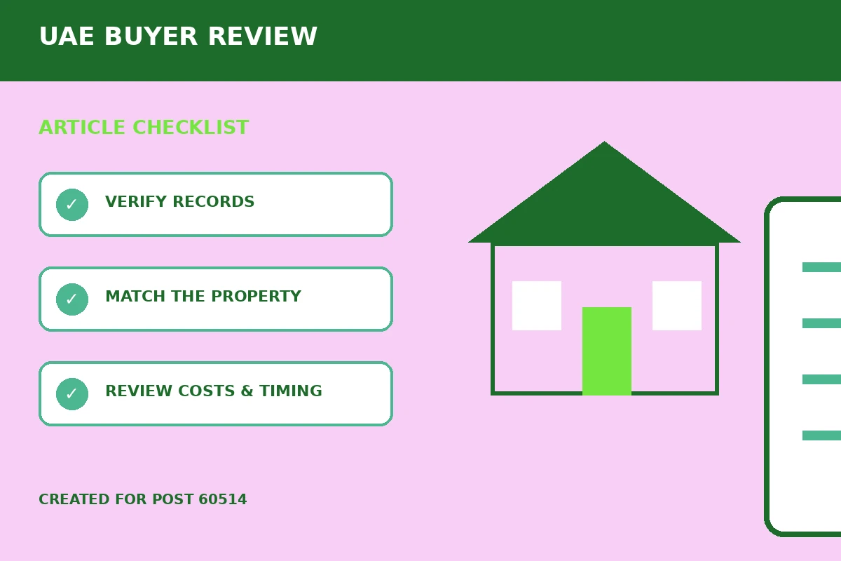 Custom editorial illustration for Power of Attorney Reviews for UAE Property Transactions, showing a property document and verification checklist