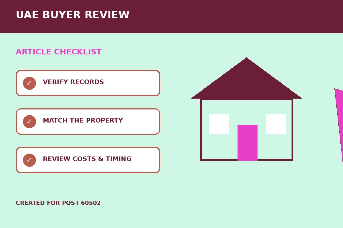 Custom editorial illustration for Property Insurance Reviews Before Buying in the UAE, showing a protected home and insurance checklist