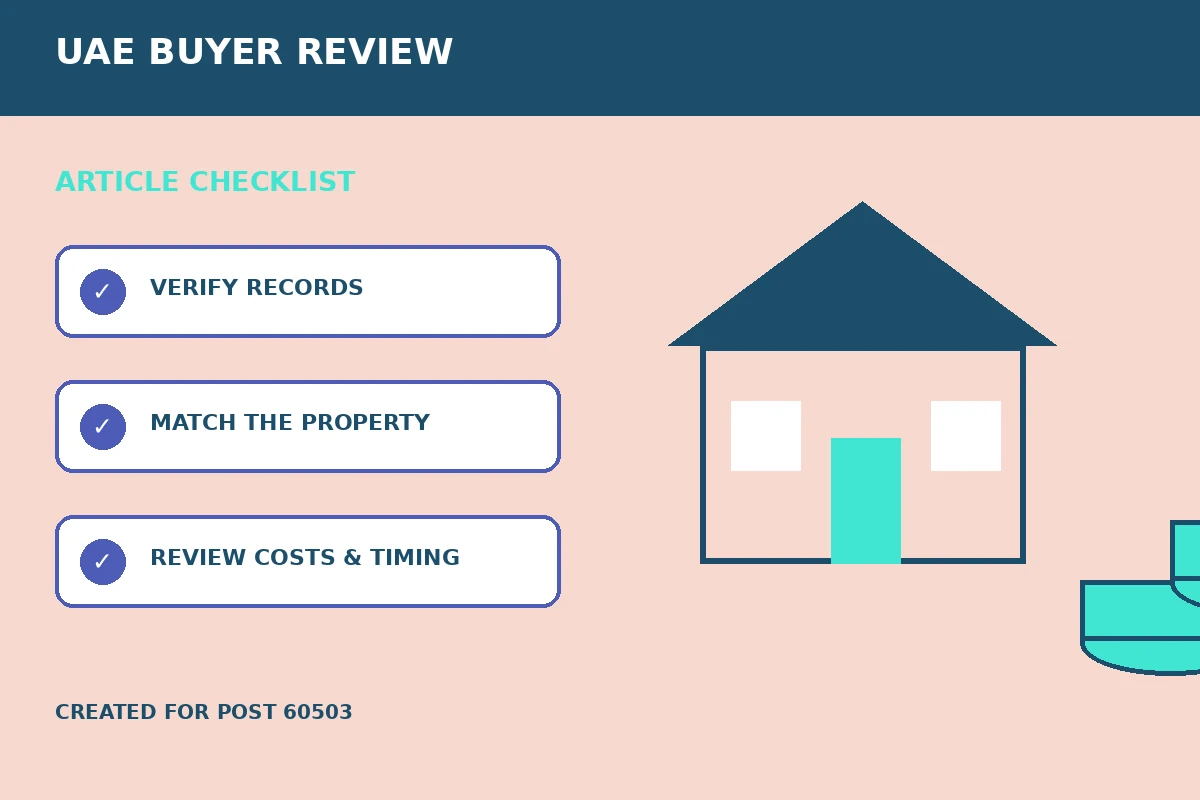 Custom editorial illustration for Property Valuation Report Checks for Buyers in the UAE, showing property finance records