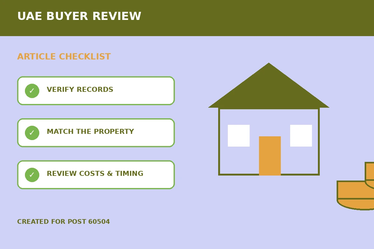Custom editorial illustration for Service Charge Reviews Before Buying Property in the UAE, showing property finance records