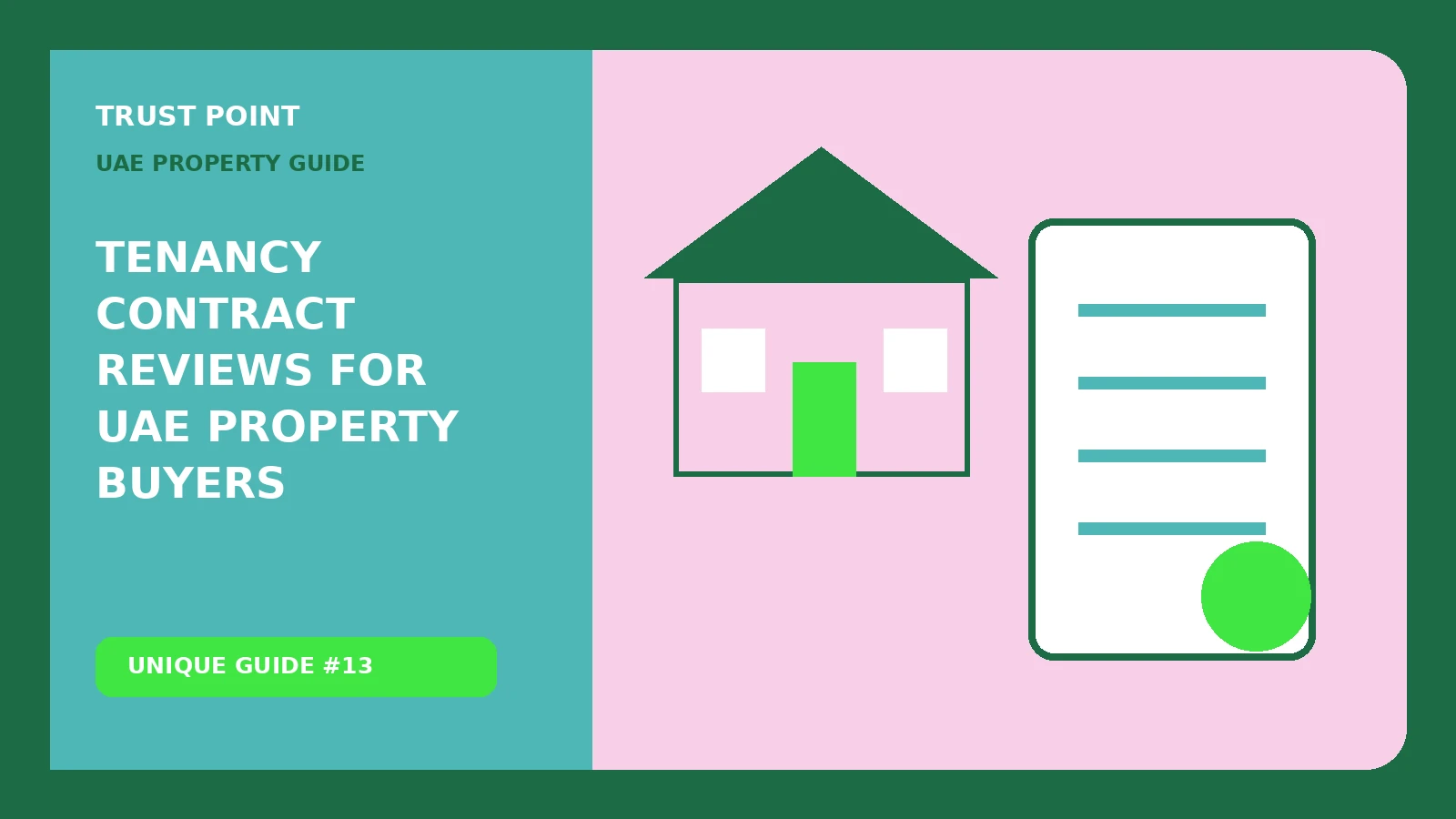 Custom editorial illustration for Tenancy Contract Reviews for UAE Property Buyers, showing a property document and verification checklist