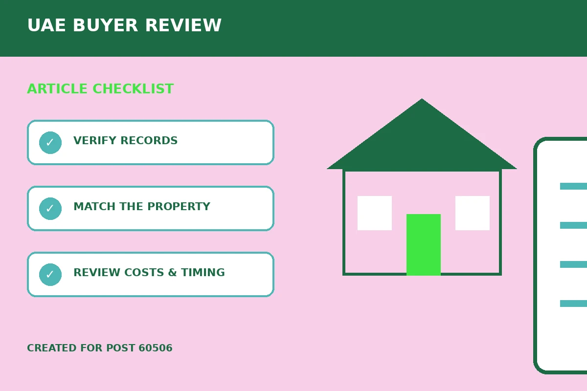 Custom editorial illustration for Tenancy Contract Reviews for UAE Property Buyers, showing a property document and verification checklist