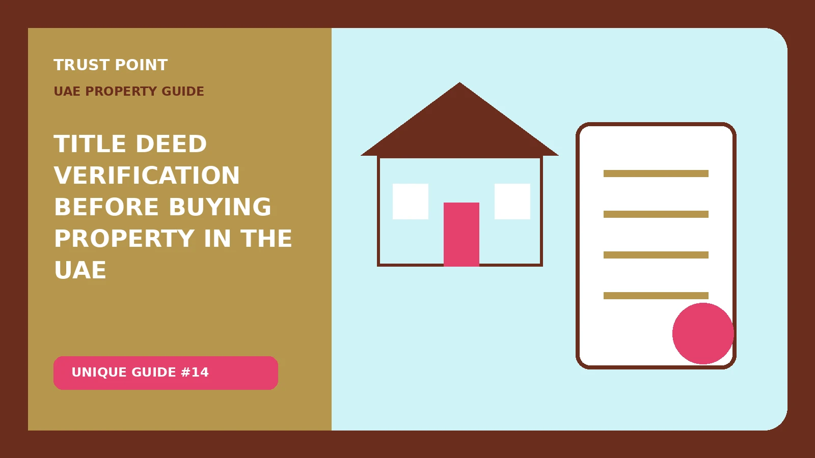 Custom editorial illustration for Title Deed Verification Before Buying Property in the UAE, showing a property document and verification checklist