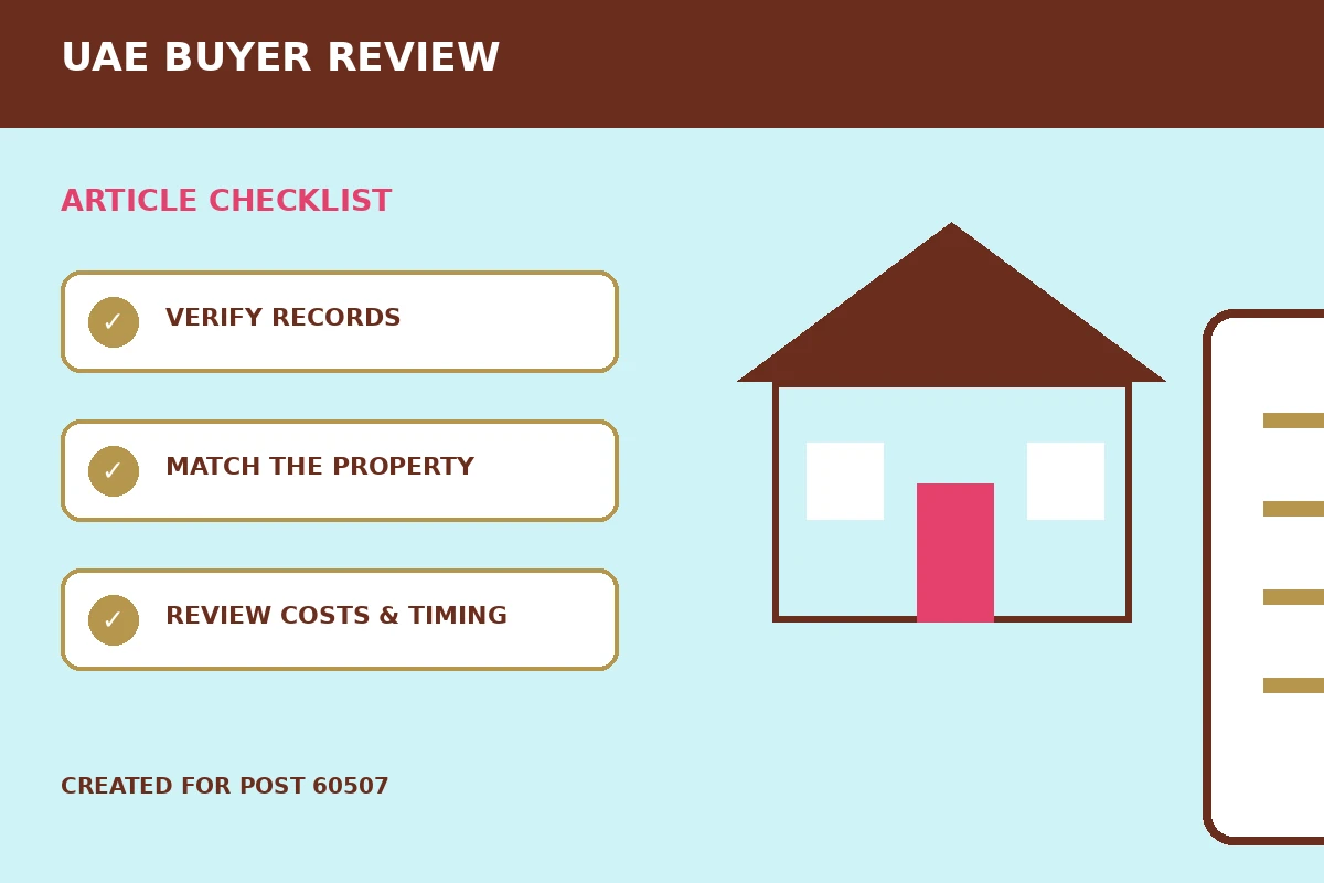 Custom editorial illustration for Title Deed Verification Before Buying Property in the UAE, showing a property document and verification checklist